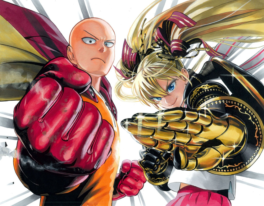 1boy 1girl bald blonde_hair blue_eyes cape crossover cyborg dangan_tenshi_fan_club gloves highres magical_girl mechanical_arms murata_yuusuke natsuno_himiko official_art one-punch_man red_cape saitama_(one-punch_man) superhero twintails