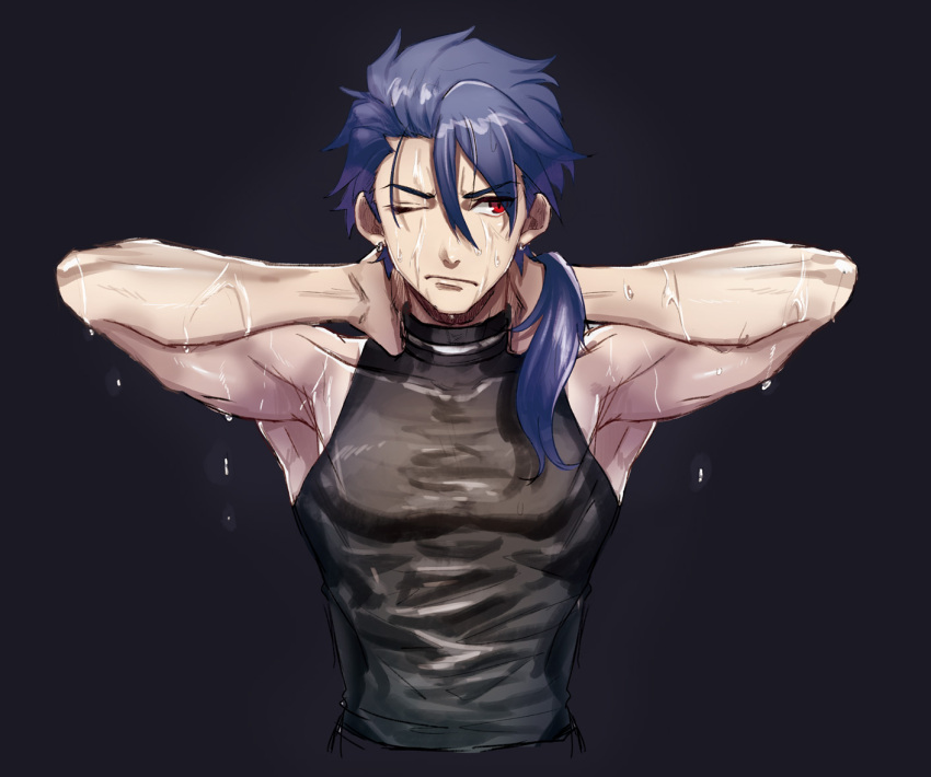 1boy angry black_background blue_hair choker cu_chulainn_(fate)_(all) cu_chulainn_(fate/prototype) earrings fate/prototype fate_(series) frown hoop_earrings jewelry long_hair looking_to_the_side male_focus one_eye_closed ponytail red_eyes shirt simple_background skin_tight sleeveless sleeveless_shirt solo sou_(e1209) spiky_hair type-moon wet wet_clothes wet_shirt
