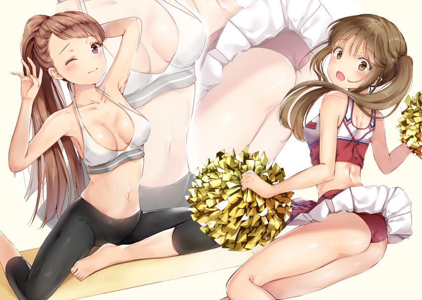 2girls :o absurdres arm_up armpits ass bare_arms bare_shoulders breasts brown_eyes brown_hair cheerleader collarbone crop_top from_behind halter_top halterneck hand_up highres holding holding_pom_poms long_hair looking_at_viewer medium_breasts midriff miniskirt multiple_girls navel one_eye_closed open_mouth original panties pants pom_poms ponytail red_panties red_shirt red_skirt shirt simple_background skirt skirt_lift sleeveless sleeveless_shirt spaghetti_strap stomach twintails underwear violet_eyes white_background white_shirt yoga_pants yoshida_iyo zoom_layer