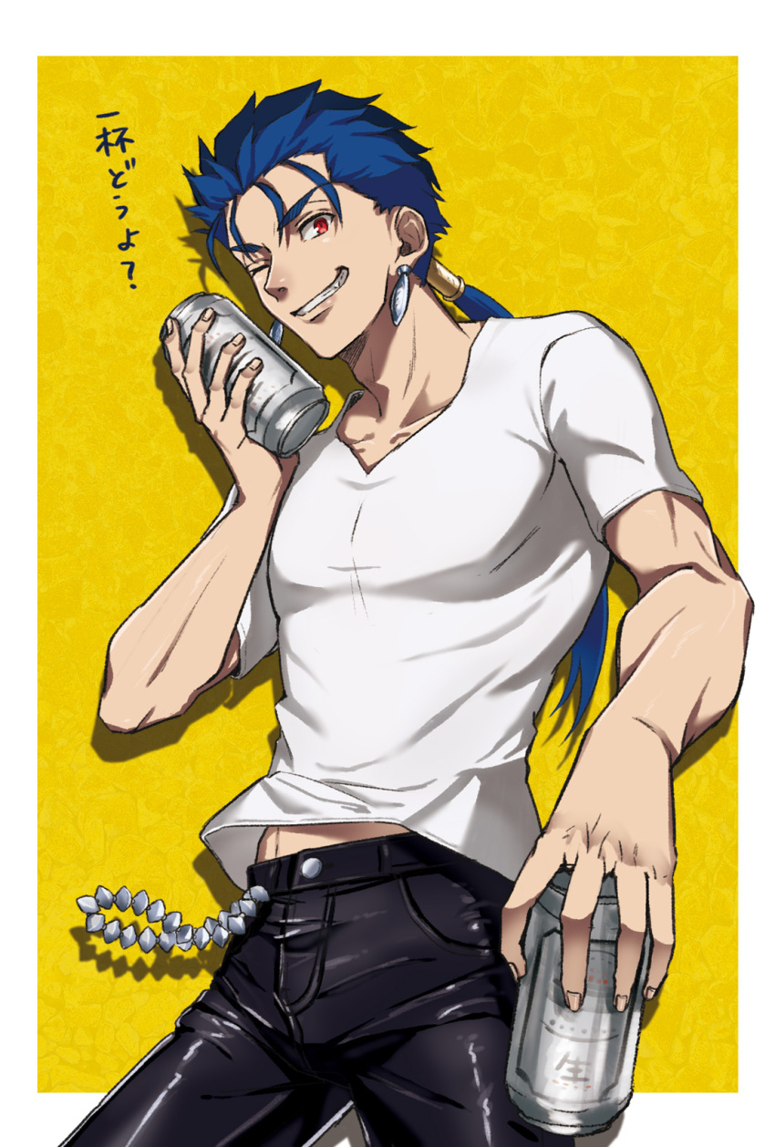 1boy alternate_costume beads beer_can blue_hair can chain cowboy_shot cu_chulainn_(fate)_(all) cu_chulainn_(fate/grand_order) earrings fang fate/stay_night fate_(series) grin hair_beads hair_ornament highres holding holding_can jewelry lancer leather leather_pants long_hair looking_at_viewer male_focus muscle one_eye_closed pants ponytail red_eyes shirt smile solo sou_(e1209) spiky_hair t-shirt translation_request type-moon