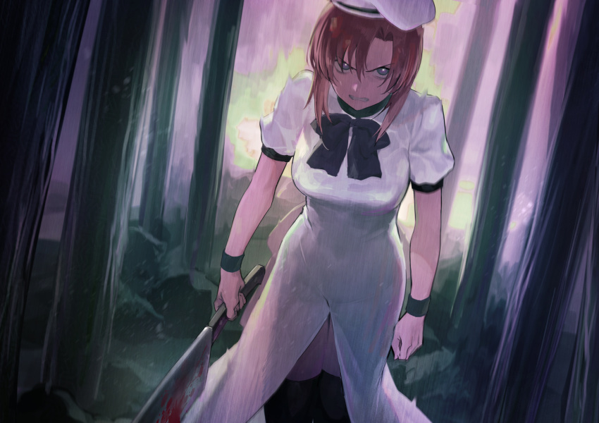 1girl angry bamboo bangs beret black_legwear blood blue_eyes bow breasts brown_hair clenched_hands clenched_teeth dress dutch_angle eyebrows_visible_through_hair forest glaring groin hat hatchet higurashi_no_naku_koro_ni holding holding_weapon iku_(ikuchan_kaoru) looking_at_viewer nature open_mouth outdoors parted_bangs puffy_short_sleeves puffy_sleeves purple_bow ryuuguu_rena serious short_hair short_sleeves solo standing teeth thigh-highs weapon white_dress white_headwear wristband