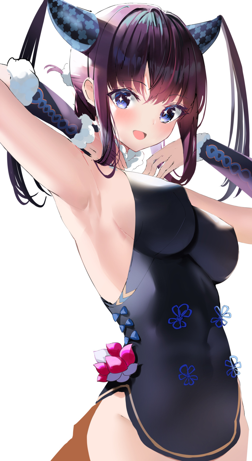 1girl absurdres armpits bangs bare_shoulders black_dress blue_eyes blush breasts center_opening china_dress chinese_clothes detached_sleeves dress fate/grand_order fate_(series) hands_up highres large_breasts long_hair looking_at_viewer open_mouth purple_hair side_slit sidelocks simple_background smile tsukise_miwa twintails white_background yang_guifei_(fate/grand_order)