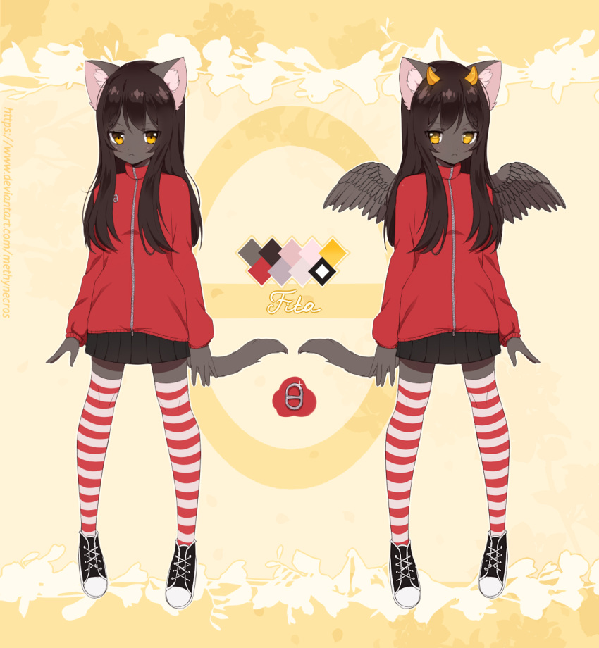 1girl animal_ears bangs black_footwear black_skirt blush brown_hair cat_ears cat_girl cat_tail character_name closed_mouth color_guide commentary cross-laced_footwear english_commentary eyebrows_visible_through_hair feathered_wings fita_(methynecros) flat_chest full_body furry highres horns jacket light_blush long_hair long_sleeves looking_at_viewer methynecros miniskirt multiple_views original outline pleated_skirt red_jacket red_legwear shiny shiny_hair shoes sidelocks skirt standing striped striped_legwear symmetry tail thigh-highs white_outline wings yellow_background yellow_eyes zettai_ryouiki zipper zipper_pull_tab