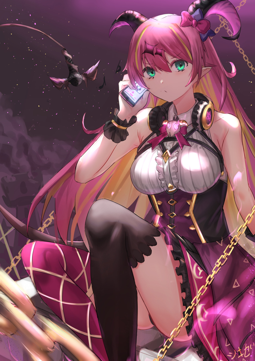 1girl absurdres aqua_eyes black_legwear black_panties blonde_hair bow breasts cellphone chain closed_mouth collared_shirt colored_inner_hair commentary corset demon_girl demon_horns demon_tail eyelashes hair_bow headphones headphones_around_neck highres holding holding_phone hololive horns huge_filesize jeze long_hair looking_at_viewer mano_aloe medium_breasts microphone mismatched_legwear motion_blur multicolored_hair musical_note panties panty_peek phone pointy_ears purple_hair purple_legwear purple_skirt purple_sky ribbed_shirt shirt signature sitting skirt skull sleeveless sleeveless_shirt smartphone solo streaked_hair succubus tail tail_hold thigh-highs thighs two-tone_hair underwear virtual_youtuber white_shirt wrist_cuffs