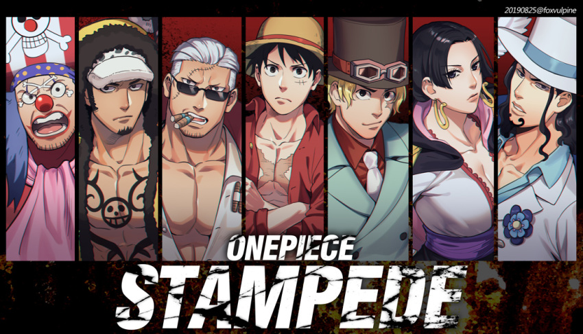 1girl 6+boys abs bare_pecs black_hair blonde_hair blue_hair boa_hancock breasts buggy_the_clown chest_tattoo cigar clown_nose coat copyright_name crossed_arms earrings facial_hair formal foxvulpine goatee goggles goggles_on_headwear hat jewelry looking_at_viewer monkey_d_luffy multiple_boys muscle one_piece one_piece:_stampede open_clothes open_coat open_shirt panther_print pirate_hat red_nose rob_lucci sabo_(one_piece) scar scar_on_cheek scar_on_chest scar_on_face sideburns smoker_(one_piece) snake_earrings straw_hat stubble suit sunglasses tattoo top_hat trafalgar_law upper_body white_hair white_suit