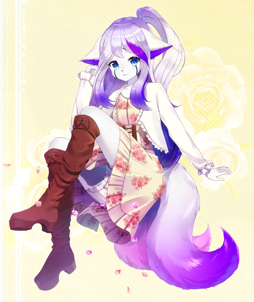1girl animal_ears bangs bloomers blue_eyes blush boots bow breasts brown_bow brown_footwear closed_mouth collarbone commentary dress english_commentary eyebrows_visible_through_hair floral_print fox_ears fox_girl fox_tail frills full_body furry gradient_hair hand_up happy heart high_ponytail highres invisible_chair jacket knee_boots light_blush long_hair long_sleeves looking_at_viewer methynecros multicolored_hair multiple_tails original outline petals platform_footwear purple_hair shiny shiny_hair sidelocks sitting small_breasts smile solo tail tied_hair two_tails underwear white_bloomers white_jacket white_outline yellow_background yellow_dress