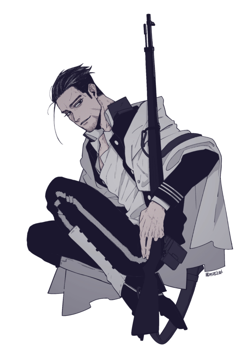 1boy arisaka azuni black_hair bolt_action cloak facial_hair gaiters goatee golden_kamuy gun hair_slicked_back hair_strand highres imperial_japanese_army male_focus military military_uniform ogata_hyakunosuke open_clothes rifle scar scar_on_cheek scar_on_face short_hair solo undercut uniform weapon