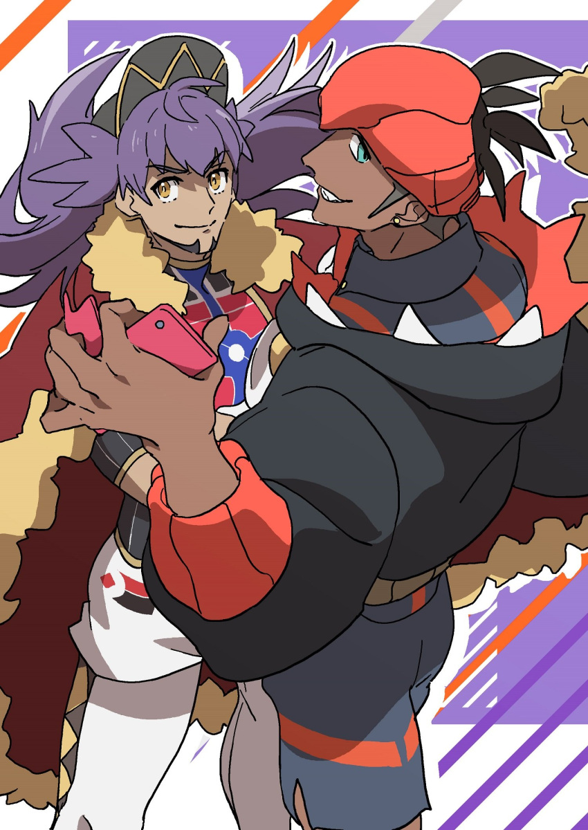 ._(mdm_pk) 2boys baseball_cap black_hair black_hoodie cape champion_uniform closed_mouth dark_skin dark_skinned_male earrings facial_hair fur-trimmed_cape fur_trim gen_4_pokemon gym_leader hat highres hood hoodie jewelry leon_(pokemon) long_hair looking_back male_focus multiple_boys pokemon pokemon_(game) pokemon_swsh purple_hair raihan_(pokemon) red_cape rotom rotom_phone shirt short_shorts short_sleeves shorts side_slit side_slit_shorts smile symbol_commentary white_legwear white_shorts yellow_eyes