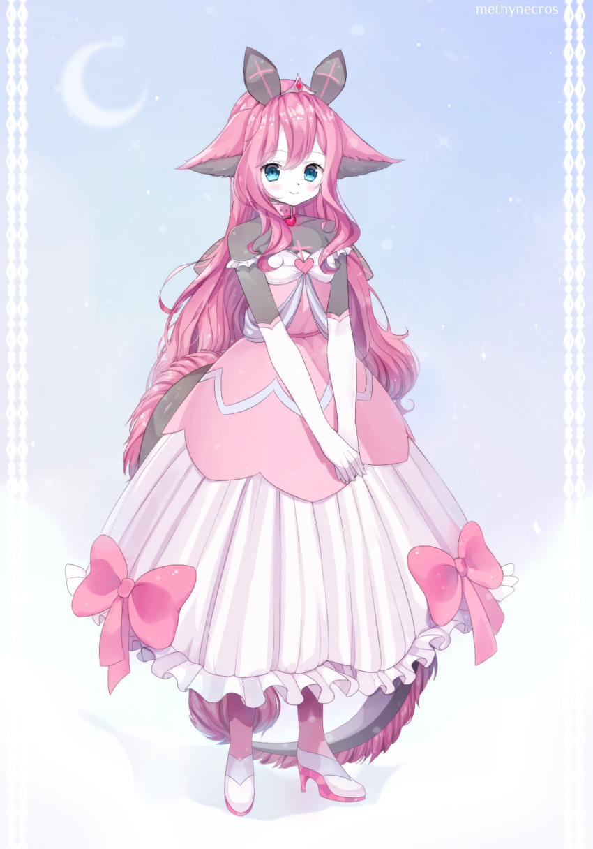 1girl animal_ears artist_name bangs blue_background blue_eyes blue_sky blush bow breasts closed_mouth clouds collar collarbone commentary commission crescent_moon day dress elbow_gloves english_commentary eyebrows_visible_through_hair frilled_dress frills full_body furry gloves hands_together happy heart heart_collar high_heels highres long_hair looking_at_viewer methynecros moon off_shoulder original outdoors pantyhose pink_bow pink_dress pink_footwear pink_hair pink_legwear shiny shiny_hair shoes sidelocks sky small_breasts smile solo standing star_(sky) tail tiara v_arms very_long_hair watermark white_gloves