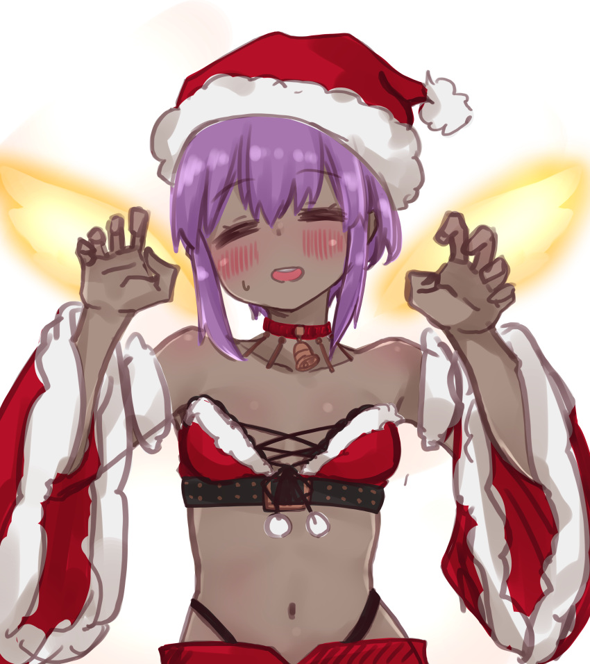 1girl =_= absurdres bangs bell bell_choker black_panties blush breasts choker claw_pose closed_eyes collarbone dark_skin detached_sleeves eyebrows_visible_through_hair facing_viewer fate/prototype fate/prototype:_fragments_of_blue_and_silver fate_(series) fur-trimmed_headwear fur-trimmed_sleeves fur_trim hair_between_eyes hands_up hassan_of_serenity_(fate) hat highleg highleg_panties highres i.u.y long_sleeves navel panties purple_hair red_choker red_headwear red_sleeves santa_costume santa_hat simple_background sketch small_breasts solo suzuka_gozen_(santa)_(fate) underwear upper_body white_background wide_sleeves