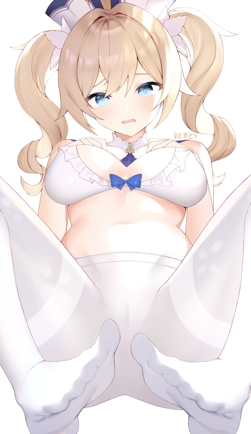 1girl absurdres barbara_(genshin_impact) blonde_hair blue_eyes bra breasts frilled_bra frills genshin_impact hat highres large_breasts looking_at_viewer navel open_mouth pantyhose short_hair simple_background solo sushimo twintails underwear wavy_mouth white_background white_bra white_legwear