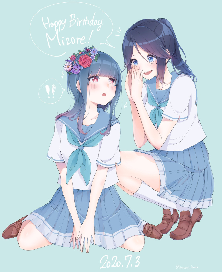 ! 2girls :d :o black_hair blue_eyes blue_hair blue_neckwear blue_sailor_collar blue_skirt blush dated english_text hibike!_euphonium highres himawari_himuka kasaki_nozomi kitauji_high_school_uniform kneehighs liz_to_aoi_tori long_hair multiple_girls neckerchief open_mouth pleated_skirt ponytail red_eyes sailor_collar school_uniform serafuku shoes simple_background sitting skirt smile socks squatting surprised uniform white_legwear yoroizuka_mizore