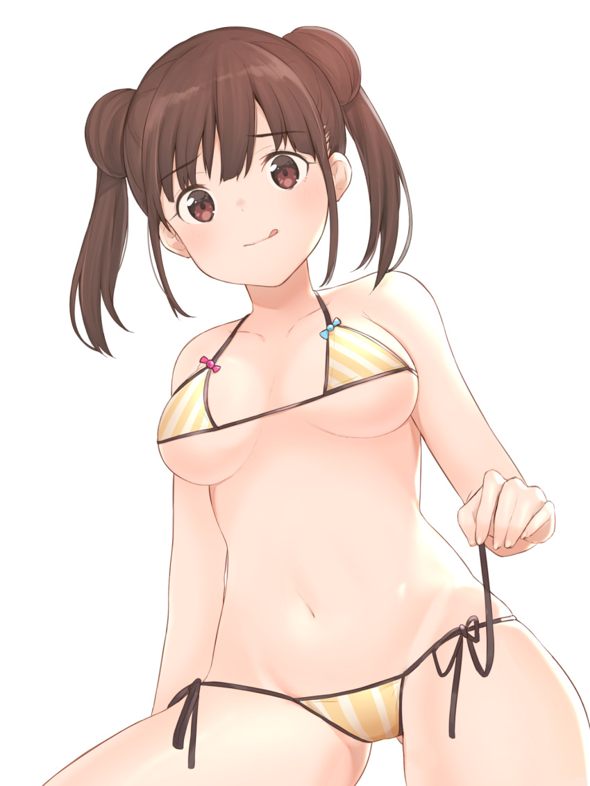 1girl bare_arms bare_shoulders bikini breasts brown_hair commentary_request double_bun highres idolmaster idolmaster_shiny_colors licking_lips looking_at_viewer looking_down medium_breasts micro_bikini navel red_eyes short_twintails side-tie_bikini sikutogurei_(kunugi_miyaco) skindentation solo sonoda_chiyoko stomach string_bikini striped striped_bikini swimsuit tongue tongue_out twintails white_background