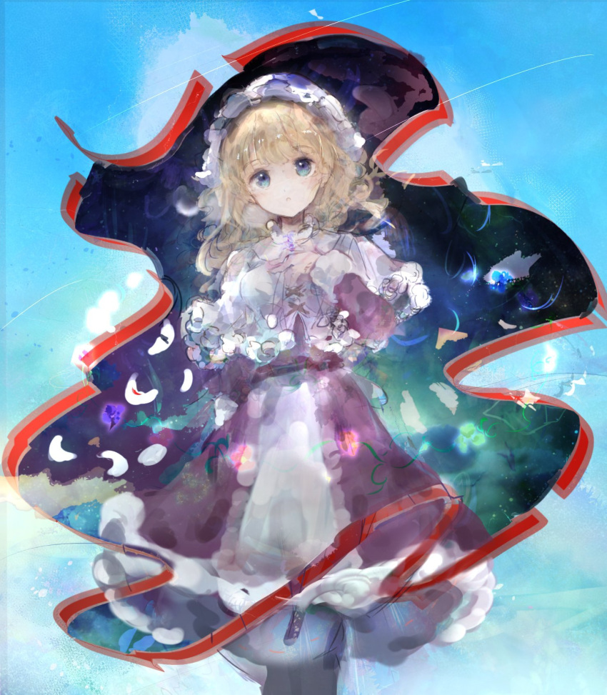 1girl :o bangs blonde_hair blue_background blue_eyes blue_flower bonnet capelet collar commentary_request cross-laced_clothes dress eyebrows_visible_through_hair flower frilled_capelet frilled_collar frilled_dress frilled_hat frills gap_(touhou) glowing_flower hand_on_own_chest hand_up hat head_tilt highres iris_(flower) long_dress long_sleeves looking_at_viewer maribel_hearn medium_hair mob_cap purple_dress purple_flower sidelocks solo touhou uwazumi white_capelet white_headwear
