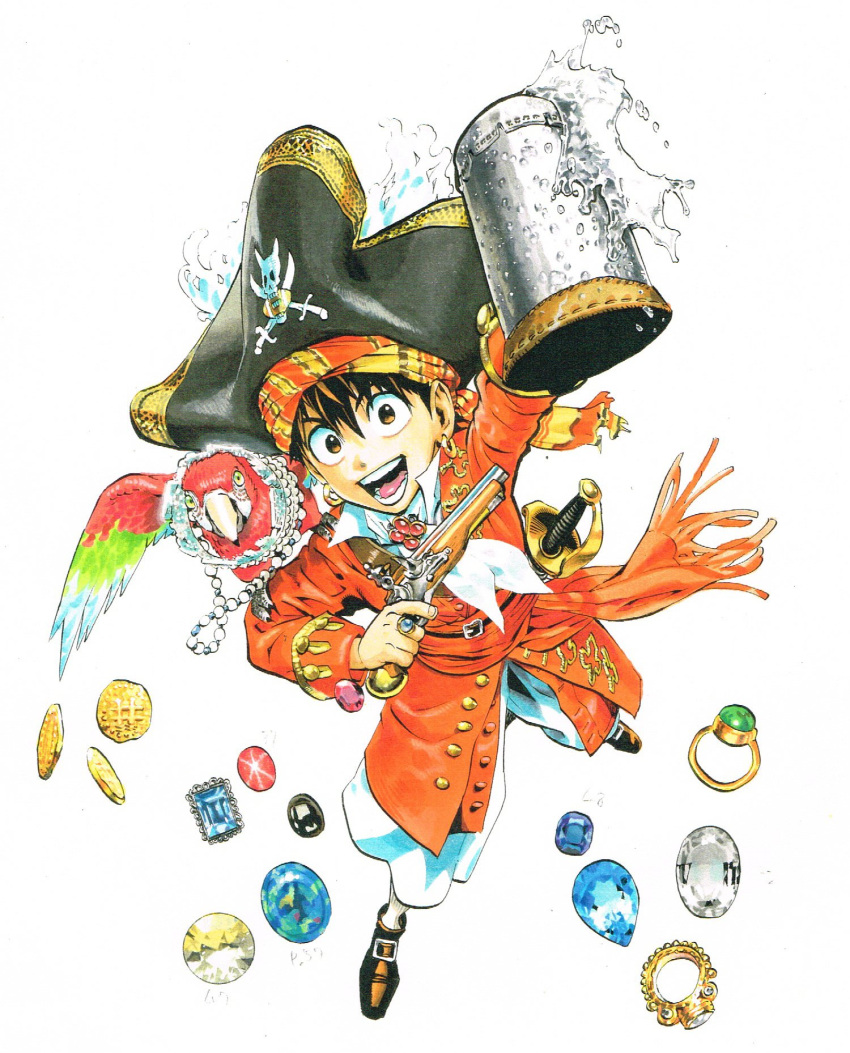 1boy :d alternate_costume animal_on_shoulder belt bird bird_on_shoulder black_headwear brown_eyes brown_footwear brown_hair coat diamond_(gemstone) earrings eyeshield_21 from_above gem gold gold_coin gun hand_up hat headband highres holding holding_gun holding_weapon jewelry kobayakawa_sena long_sleeves looking_at_viewer male_focus murata_yuusuke musket necklace official_art old open_mouth pants parrot pirate pirate_hat red_coat red_sash ring sanpaku sapphire_(gemstone) sash scan simple_background skull_and_crossbones smile socks solo sword tankard traditional_media tricorne water weapon white_background white_pants
