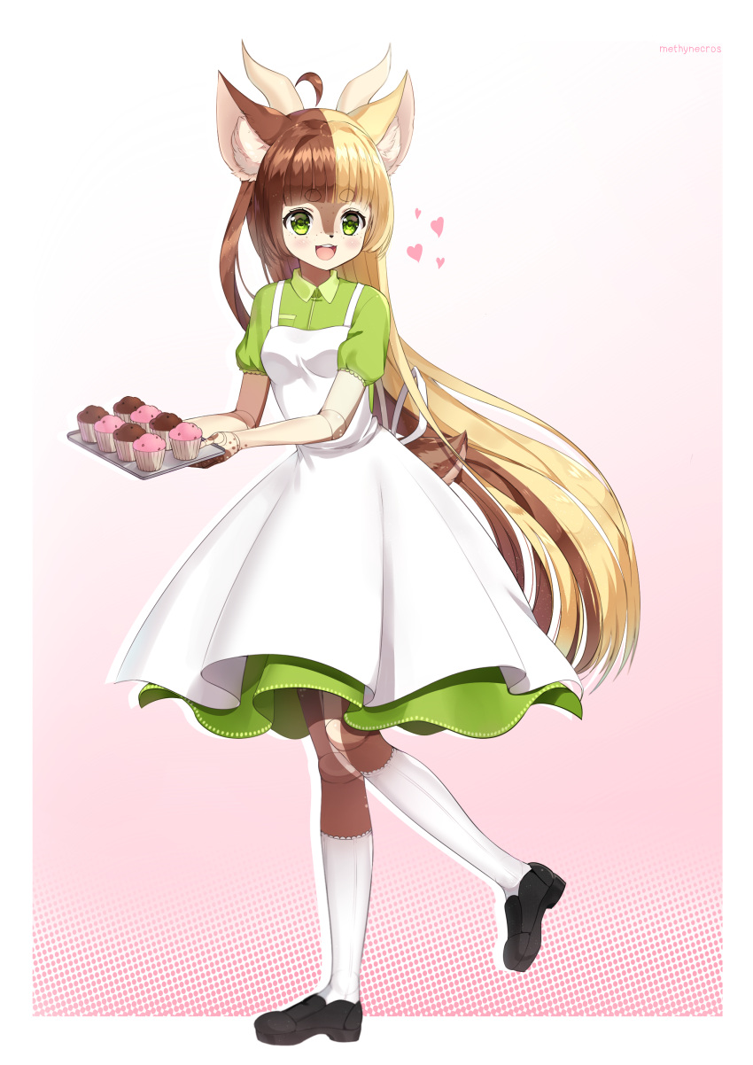 1girl :3 absurdres ahoge animal_ear_fluff animal_ears apron artist_name bangs black_footwear blonde_hair blunt_bangs border breasts brown_hair collared_dress commentary commission cupcake deer_ears deer_tail doll doll_joints dress english_commentary eyebrows_visible_through_hair food freckles full_body furry gradient gradient_background green_dress green_eyes hands_up happy heart highres holding horns joints kneehighs knees_together_feet_apart leg_up long_hair methynecros multicolored_hair open_mouth original outside_border pink_background puffy_short_sleeves puffy_sleeves shiny shiny_hair shoes short_sleeves sidelocks simple_background small_breasts smile solo standing standing_on_one_leg tail teeth tray two-tone_hair very_long_hair watermark white_border white_legwear