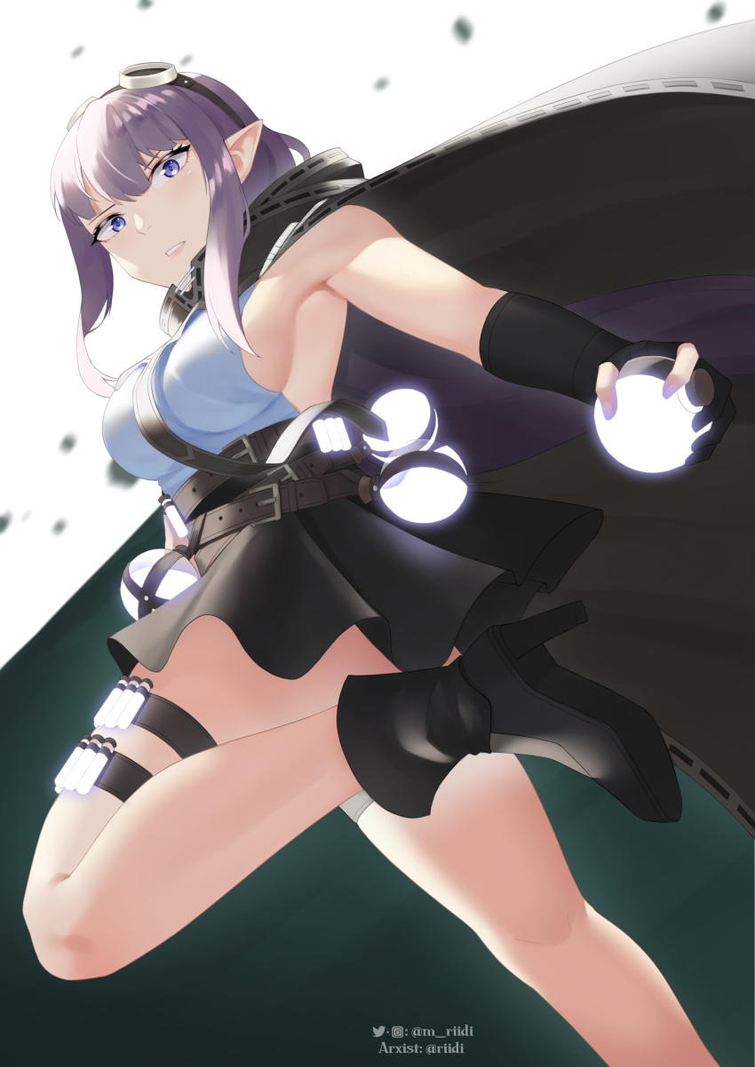 1girl absurdres artist_name belt black_footwear black_gloves blue_eyes breasts cape english_commentary gloves glowing_liquid goggles goggles_on_head hair_behind_ear highres holding large_breasts leg_up looking_down mawaridi original parted_lips partially_fingerless_gloves pointy_ears purple_hair sideboob solo thigh_strap vial violet_eyes