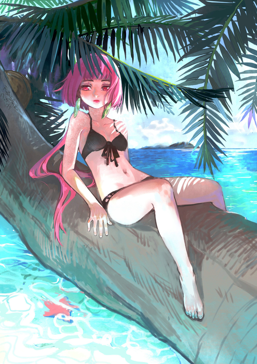 1girl absurdres beach black_swimsuit breasts coconut earrings full_body gem highres jewelry long_hair navel ocean original palm_tree pink_hair red_eyes sky starfish swimsuit tiancheng_renjian_xingzou tree