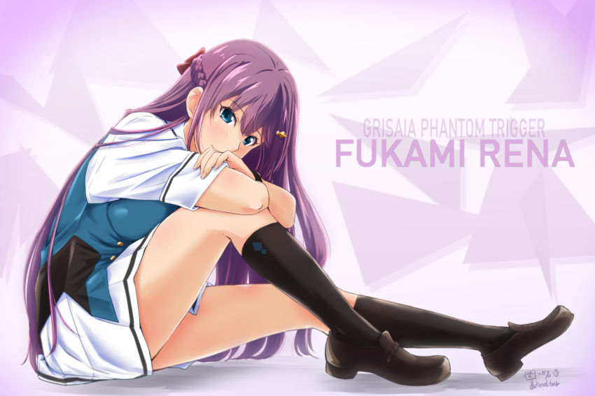 1girl artist_name blue_eyes braid brown_footwear character_name commentary_request copyright_name diesel-turbo french_braid fukami_rena full_body grisaia_(series) grisaia_phantom_trigger hair_ornament hairclip highres kneehighs legs long_hair looking_at_viewer purple_background purple_hair shoes short_sleeves sitting skirt solo white_skirt
