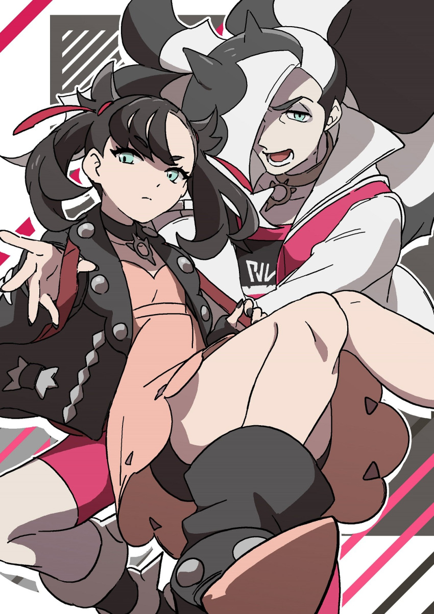 ._(mdm_pk) 1boy 1girl ankle_boots black_choker black_footwear black_hair black_jacket black_nails boots brother_and_sister choker closed_mouth dress eyeshadow green_eyes gym_leader hair_ribbon highres jacket long_hair makeup marnie_(pokemon) multicolored_hair nail_polish open_clothes open_jacket open_mouth piers_(pokemon) pink_dress pokemon pokemon_(game) pokemon_swsh red_ribbon ribbon siblings spread_fingers symbol_commentary teeth tongue two-tone_hair white_jacket