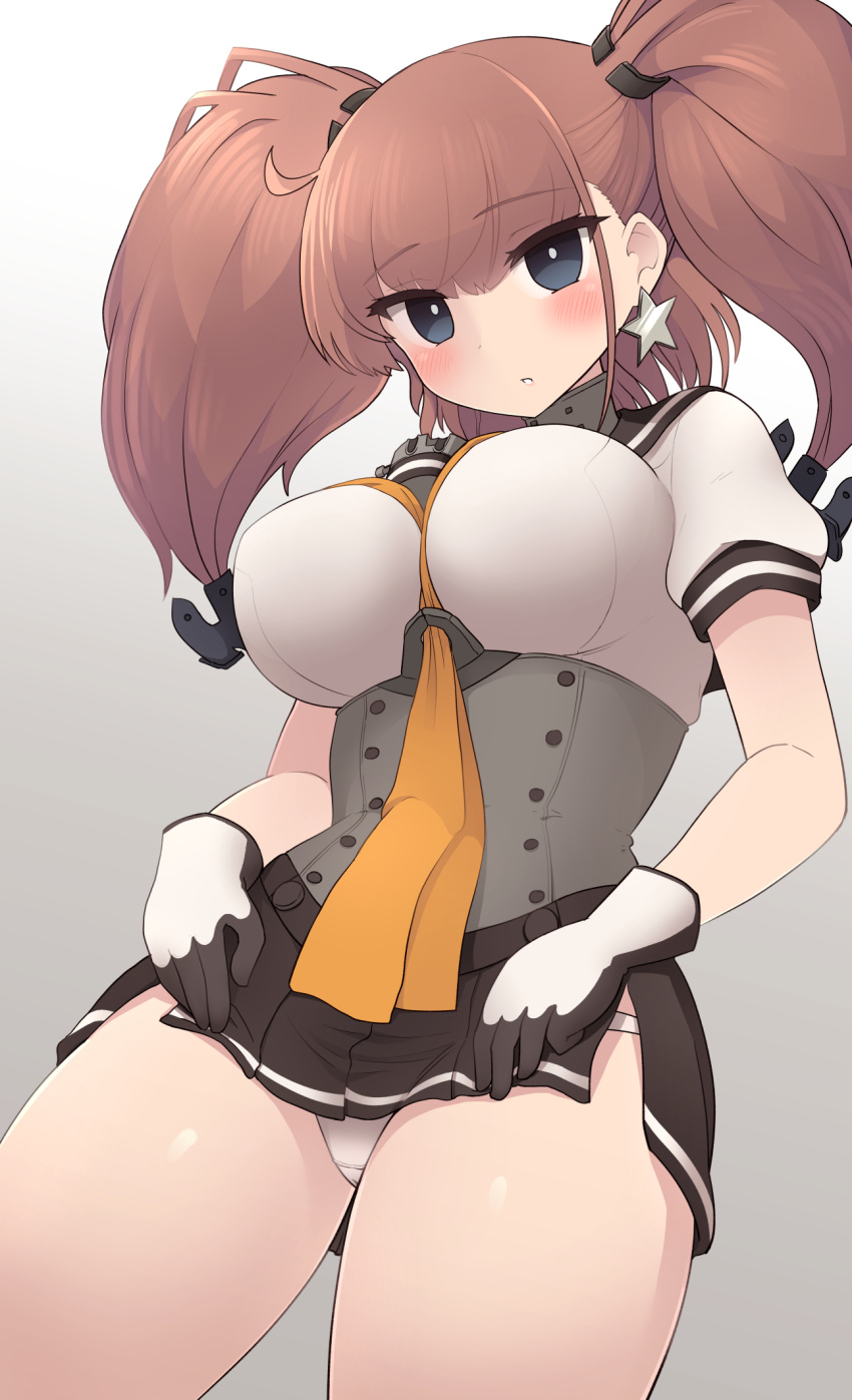 1girl alternate_costume anchor_hair_ornament atlanta_(kantai_collection) black_gloves black_skirt breasts brown_hair corset cosplay earrings gloves grey_eyes hair_ornament highres jewelry kantai_collection large_breasts long_hair miniskirt multicolored multicolored_clothes multicolored_gloves neckerchief panties pleated_skirt school_uniform serafuku simoyuki skirt solo star_(symbol) star_earrings teruzuki_(kantai_collection) teruzuki_(kantai_collection)_(cosplay) two_side_up underwear white_gloves white_panties yellow_neckwear