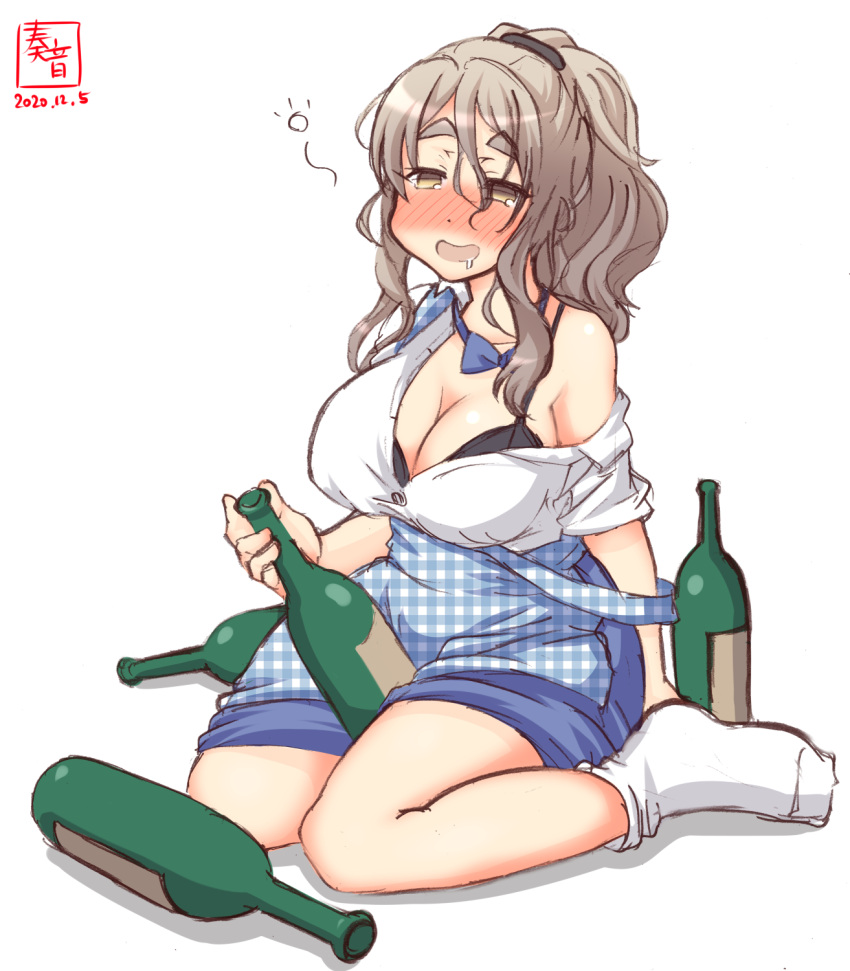 1girl alternate_costume alternate_hairstyle apron black_bra blue_apron blue_bow blue_neckwear blue_skirt bottle bow bowtie bra breasts brown_eyes checkered_apron drunk employee_uniform eyebrows gingham gingham_apron grey_hair highres holding holding_bottle kanon_(kurogane_knights) kantai_collection kobeya kobeya_uniform large_breasts open_clothes open_shirt plaid plaid_apron pleated_shirt pola_(kantai_collection) ponytail revision saliva saliva_trail sitting skirt solo underwear uniform waitress wariza wavy_hair white_legwear wine_bottle