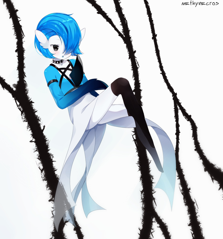 1girl alternate_color alternate_eye_color armlet artist_name bangs black_eyes black_legwear blue_hair blue_skin blush bob_cut collar collarbone colored_skin commentary english_commentary flat_chest full_body gardevoir gen_3_pokemon hair_over_one_eye hand_up highres invisible_chair jewelry methynecros necklace open_mouth pokemon pokemon_(creature) ring shiny shiny_hair shiny_pokemon short_hair signature sitting solo spiked_collar spikes thigh-highs two-tone_skin white_background white_skin