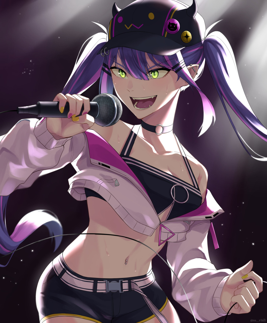 1girl absurdres bangs baseball_cap blunt_bangs choker crop_top cropped_jacket ear_piercing english_commentary fangs floating_hair green_eyes hat highres holding holding_microphone hololive horned_headwear mawaridi microphone multicolored_hair music navel o-ring o-ring_choker off-shoulder_jacket open_mouth piercing pink_hair pink_nails purple_hair shorts sidelocks singing solo streaked_hair tokoyami_towa twintails virtual_youtuber yellow_nails
