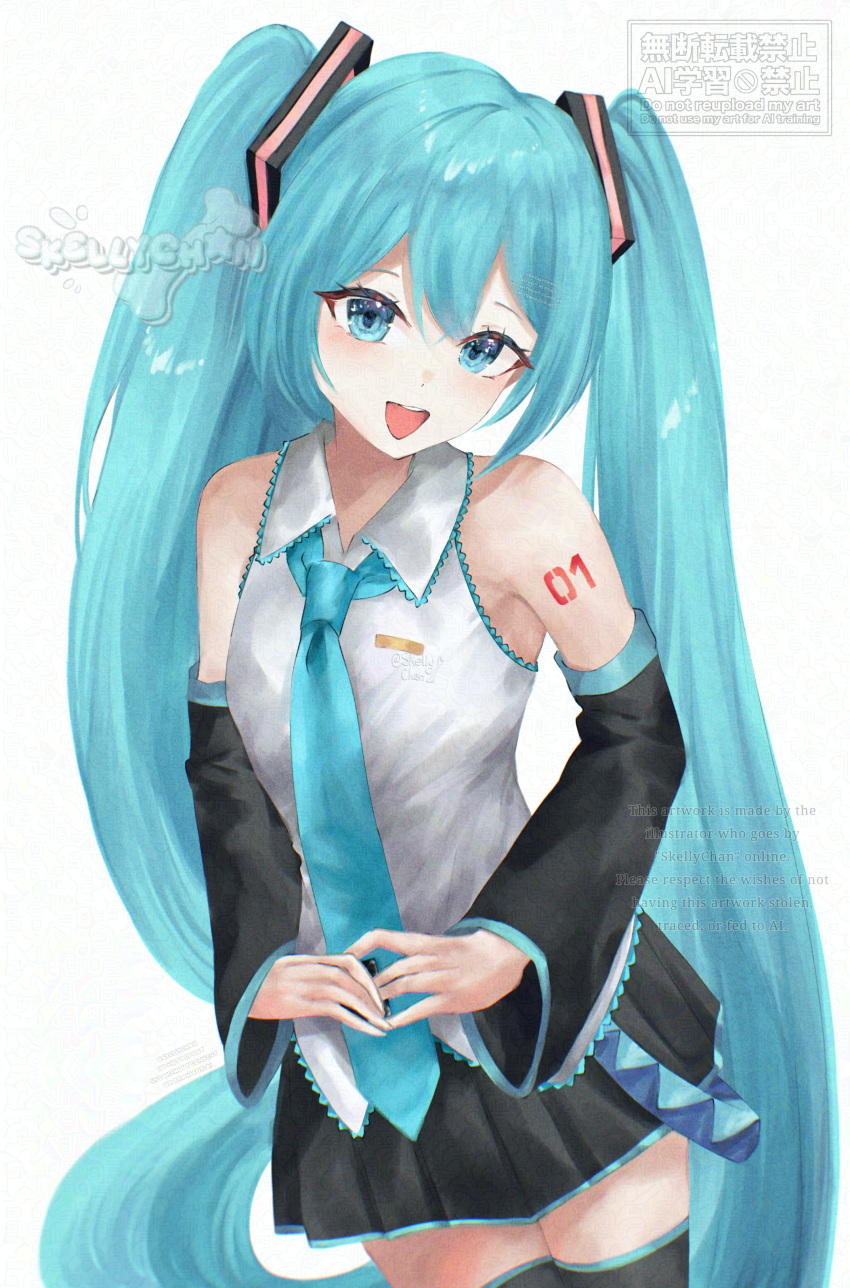 1girl absurdres aqua_eyes aqua_hair aqua_necktie artist_name commentary detached_sleeves hatsune_miku highres necktie number_tattoo open_mouth own_hands_together skellychan tattoo thigh-highs twintails untranslatable_commentary vocaloid white_background