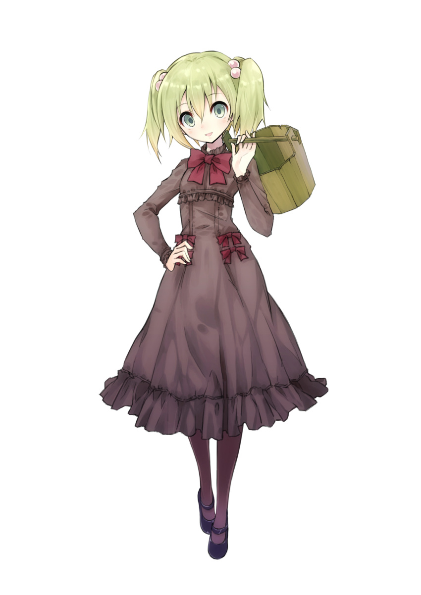 1girl alternate_costume black_legwear bow bucket dress full_body green_eyes green_hair hair_bobbles hair_ornament hand_on_hip highres kisume nanabuluku pantyhose short_hair short_twintails simple_background smile solo touhou twintails white_background