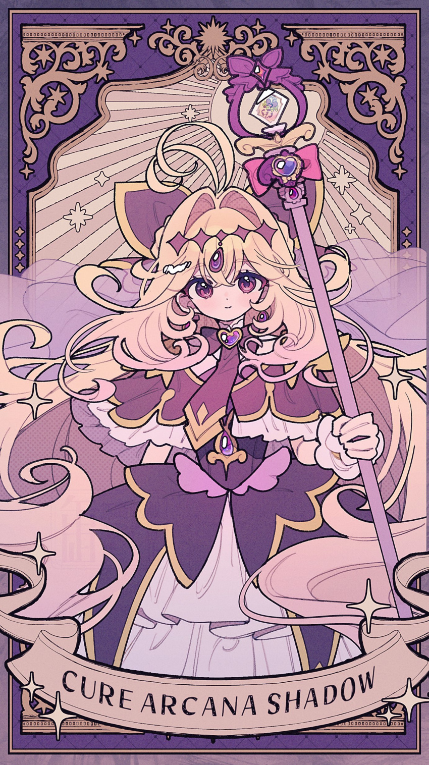 1girl absurdres antenna_hair black_capelet blonde_hair brooch capelet card_(medium) character_name closed_mouth commentary_request cure_arcana_shadow diamond_hairband frilled_capelet frilled_cuffs frills hair_intakes heart heart_brooch highres holding holding_rod jewelry kannagi6 light_smile long_hair looking_at_viewer magical_girl meitantei_precure! moria_luluka pink_eyes pink_hair precure purple_veil purple_wrist_cuffs rod solo tarot tarot_(medium) tear_arcana_rod veil very_long_hair wrist_cuffs