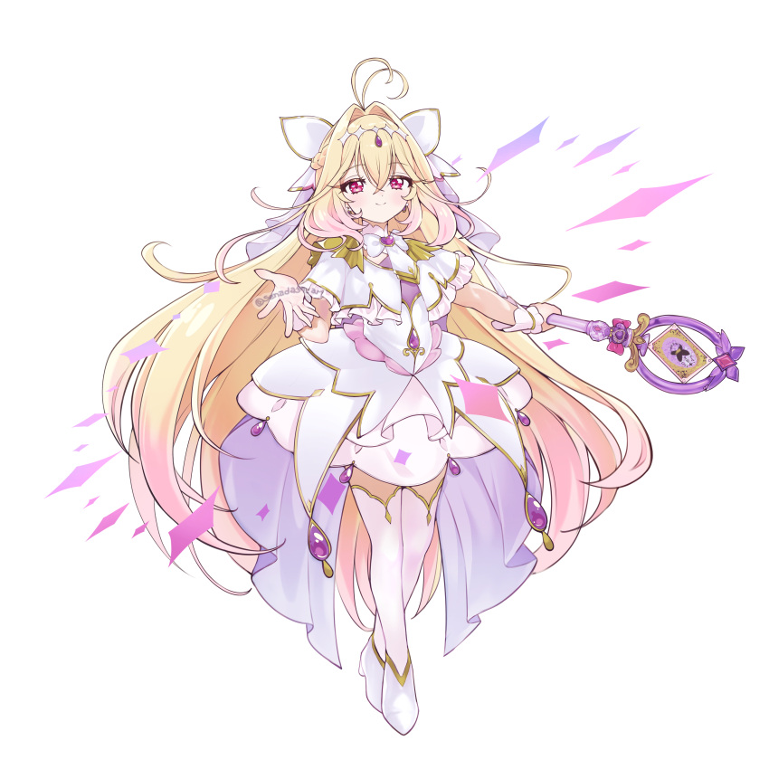 absurdres antenna_hair blonde_hair brooch capelet closed_mouth commentary cure_arcana_shadow diamond_hairband dress frilled_capelet frilled_cuffs frills full_body gradient_hair hair_intakes heart heart_brooch highres holding holding_rod jewelry long_hair looking_at_viewer magical_girl meitantei_precure! moria_luluka multicolored_hair pink_eyes pink_hair precure purple_veil rod senada37 smile tear_arcana_rod thigh-highs veil very_long_hair white_capelet white_dress white_thighhighs
