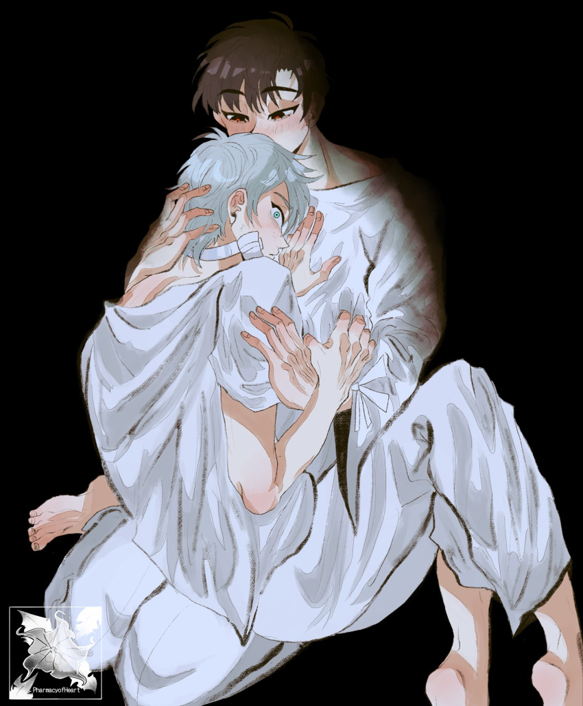 2boys alien_stage aqua_eyes artist_logo artist_name barefoot black_background black_eyes black_hair choker commentary english_commentary gauze gauze_on_cheek grey_hair hani_(pharmacyofheart) highres ivan_(alien_stage) logo male_focus multiple_boys pants red_pupils shirt short_hair till_(alien_stage) very_short_hair white_choker white_pants white_shirt wide-eyed