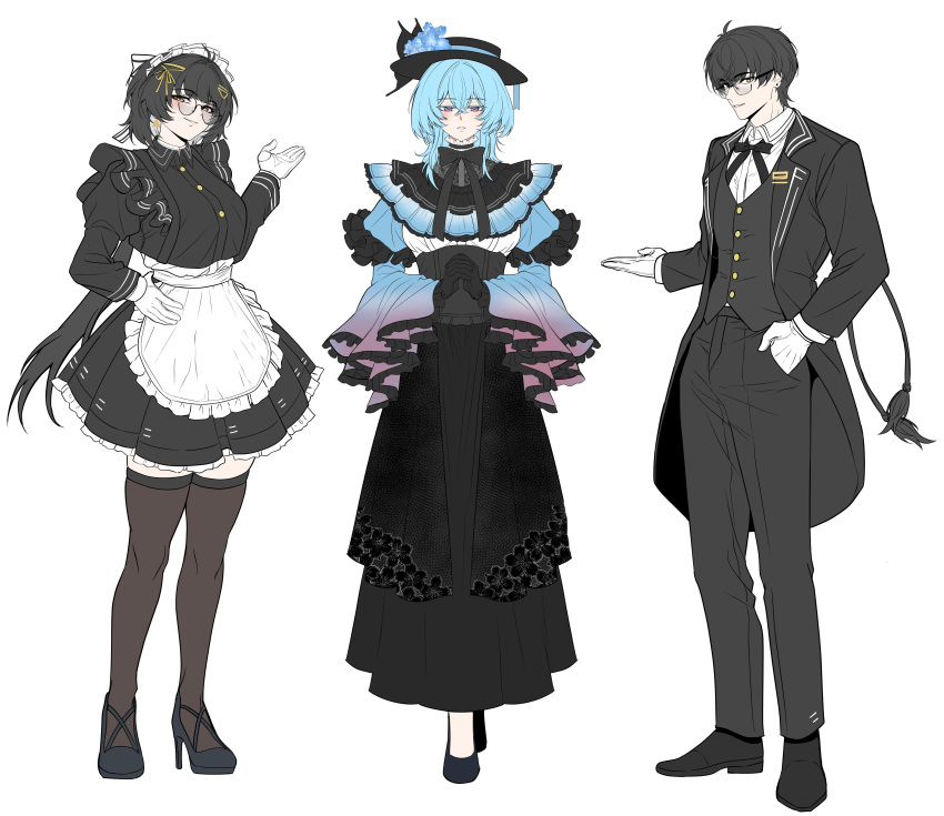1boy 2girls absurdres alternate_costume apron bespectacled black_bow black_bowtie black_coat black_dress black_gloves black_hair black_hat black_pants black_shoes black_thighhighs black_vest blue_hair blue_shrug bow bowtie breasts closed_mouth coat colored_eyelashes commentary dress dual_persona english_commentary female_rover_(wuthering_waves) full_body glasses gloves hair_between_eyes hand_in_pocket hand_up hat high_heels highres large_breasts long_hair long_sleeves looking_at_viewer maid_headdress male_rover_(wuthering_waves) multiple_girls own_hands_clasped own_hands_together pants parted_lips round_eyewear rover_(wuthering_waves) shirt shoes shorekeeper_(wuthering_waves) shrug_(clothing) simple_background smile standing thigh-highs thighs tu_thanh vest violet_eyes waistcoat white_background white_gloves white_shirt wuthering_waves yellow_eyes