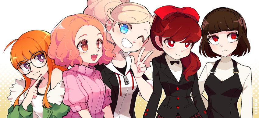 5girls :3 ahoge aqua_eyes bare_shoulders black-framed_eyewear black_bow black_bowtie black_jacket black_skirt blonde_hair blush bow bowtie breasts bright_pupils brown_eyes brown_hair cio_(ciosui) closed_mouth collarbone commentary drawstring english_commentary eyelashes fingernails fur-trimmed_jacket fur_trim glasses green_jacket grin hair_bow hair_over_shoulder height_difference highres hood hood_down hooded_jacket jacket long_hair long_sleeves multiple_girls niijima_makoto off_shoulder okumura_haru one_eye_closed open_clothes open_jacket open_mouth orange_hair persona persona_5 pink_sweater plaid_clothes plaid_skirt red_bow red_eyes red_hair sakura_futaba shirt short_hair short_sleeves simple_background skirt smile split_mouth sweater takamaki_ann teeth turtleneck twintails upper_body upper_teeth_only v violet_eyes white_background white_pupils white_shirt yoshizawa_kasumi zipper