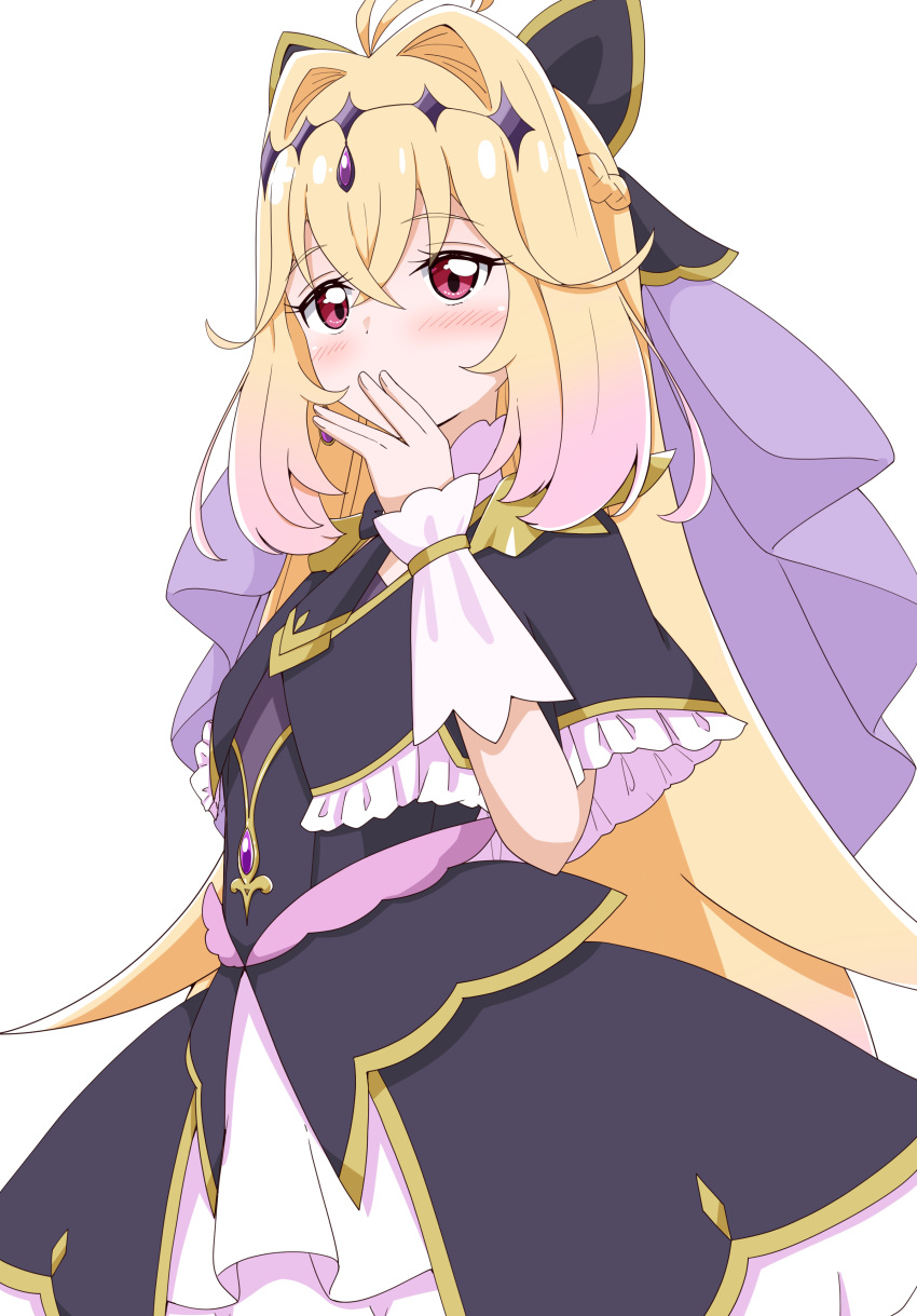 1girl absurdres aikawa_ryou antenna_hair black_capelet black_dress blonde_hair blowing_kiss blush brooch capelet commentary_request covering_own_mouth cowboy_shot cure_arcana_shadow diamond_hairband dress earrings frilled_capelet frilled_cuffs frills gradient_hair hair_intakes hand_over_own_mouth heart heart_brooch highres jewelry long_hair looking_at_viewer magical_girl meitantei_precure! moria_luluka multicolored_hair pink_eyes pink_hair precure purple_veil purple_wrist_cuffs solo veil very_long_hair wrist_cuffs