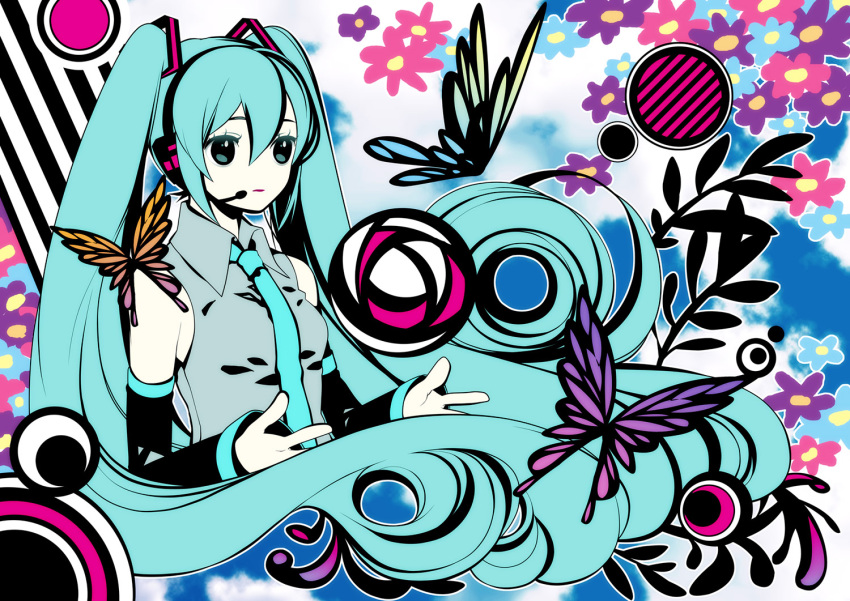 aqua_hair blue_hair butterflies butterfly detached_sleeves flower hatsune_miku long_hair necktie saihate_(vocaloid) siomusubi very_long_hair vocaloid yoko_(shiocolor)