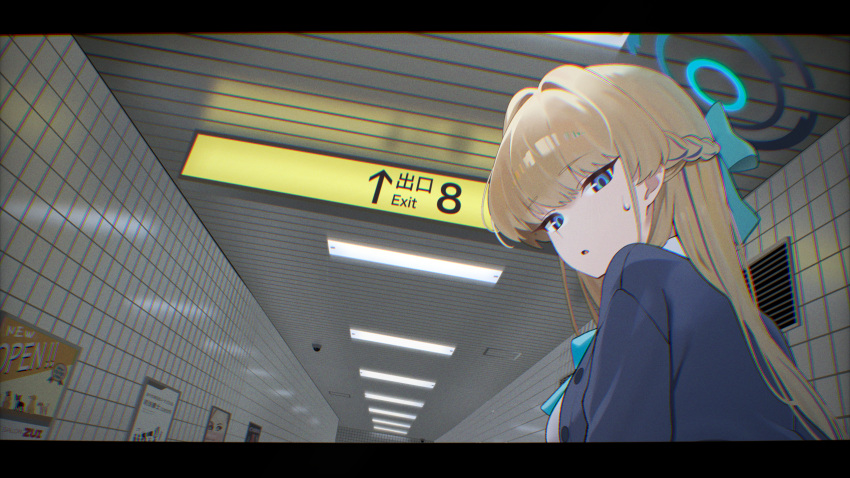 1girl absurdres blonde_hair blue_archive blue_bow blue_bowtie blue_cardigan blue_eyes blue_halo blue_streaks bow bowtie braid breasts cardigan exit_sign fluorescent_lamp hair_bow half_up_braid hallway halo highres indoors large_breasts long_hair multicolored_hair official_alternate_costume school_uniform solo streaked_hair subway_station sweatdrop the_exit_8 tile_wall tiles toki_(blue_archive) toki_(school_uniform)_(blue_archive) toughman very_long_hair
