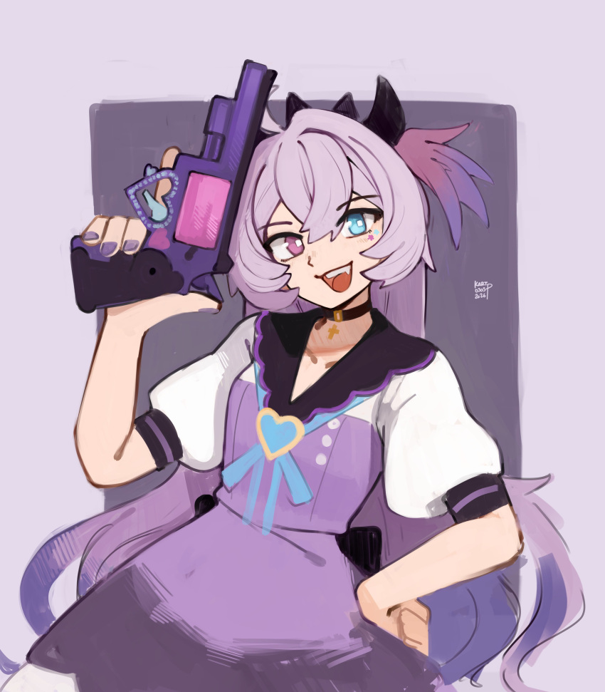 1girl absurdres aqua_eyes black_choker choker collarbone commentary dress english_commentary eyelashes facial_mark fang fingernails gun hair_between_eyes hand_on_own_hip heart highres holding holding_gun holding_weapon horns kart_prowler long_hair moudoku_denpa_shoujo_purple_lollipop nail_polish needy_girl_overdose open_mouth puffy_short_sleeves puffy_sleeves purple_dress purple_hair purple_nails short_sleeves smile solo square_pupils star_(symbol) star_facial_mark teeth upper_teeth_only violet_eyes weapon