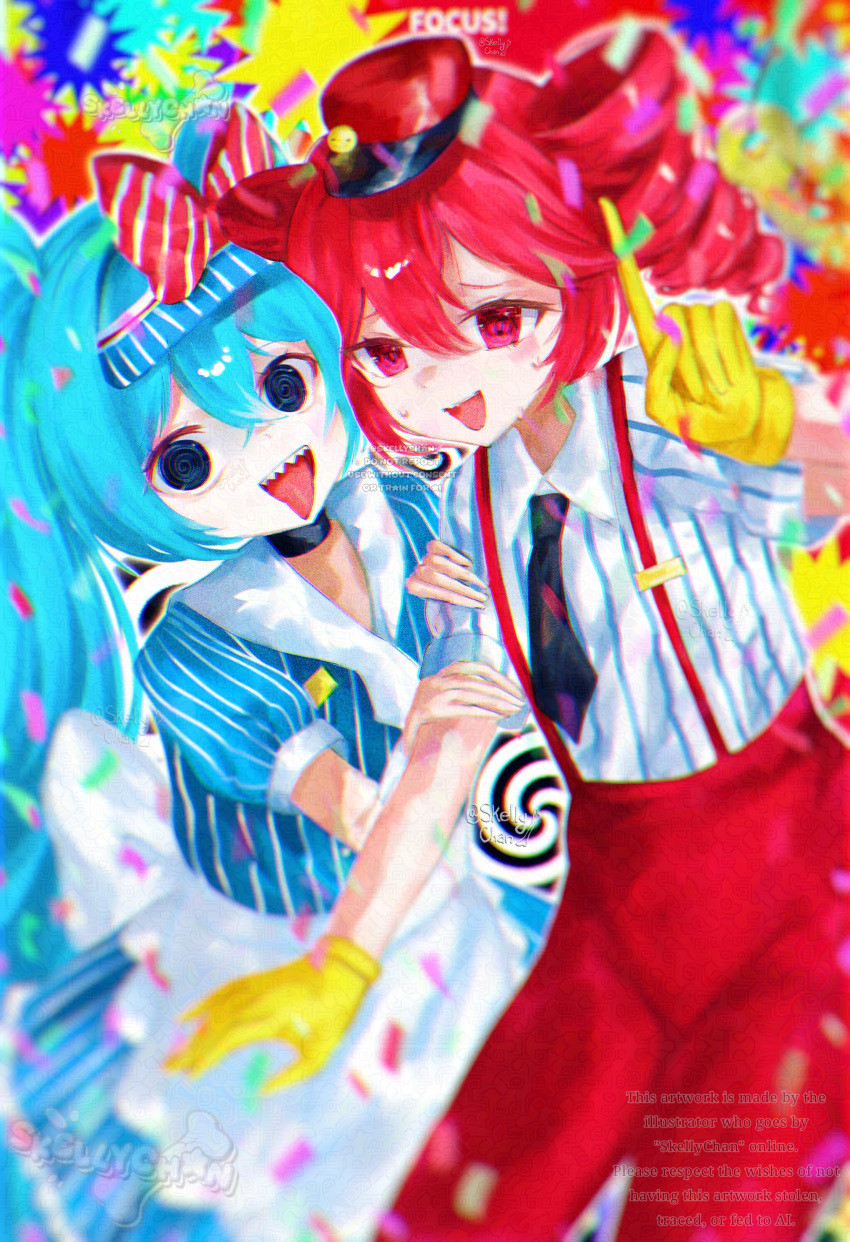 2girls absurdres aqua_eyes aqua_hair artist_name commentary_request confetti drill_hair gloves hat hatsune_miku highres kasane_teto looking_at_viewer mesmerizer_(vocaloid) multiple_girls open_mouth red_eyes skellychan skirt striped_clothes tongue tongue_out twin_drills twintails vocaloid yellow_gloves