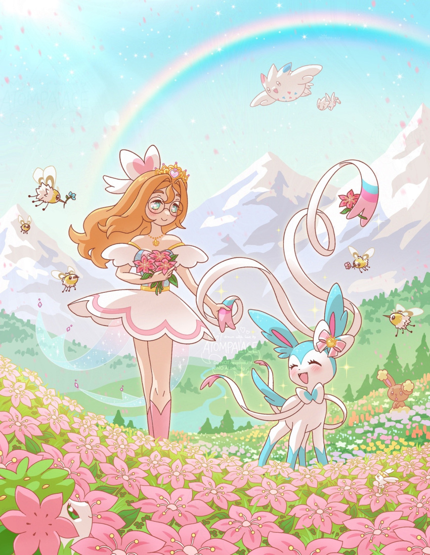 1girl alternate_color aqua_eyes atom_palace blush bow brown_hair buneary closed_mouth cutiefly day dress english_commentary flabebe flower glasses grass happy highres holding holding_flower jewelry landscape long_hair mountain necklace open_mouth original outdoors petals pokemon pokemon_(creature) rainbow ribbon shaymin shaymin_(land) shiny_pokemon smile sunlight sylveon tiara togekiss togetic walking water