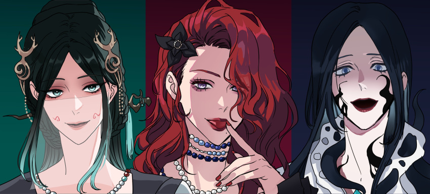 3girls absurdres aqua_eyes aqua_hair black_flower black_hair black_jacket blue_background blue_eyes blue_gem braid cabernet_(path_to_nowhere) commentary_request facial_mark finger_to_tongue flower gem green_background hair_flower hair_ornament hair_stick half_up_half_down_braid highres insane_b jacket jewelry korean_commentary mask mole mole_under_mouth multiple_girls necklace path_to_nowhere pearl_necklace red_background red_hair red_lips red_nails see-through_clothes see-through_mask shin_(path_to_nowhere) shirt violet_eyes white_jacket white_shirt yugu_(path_to_nowhere)