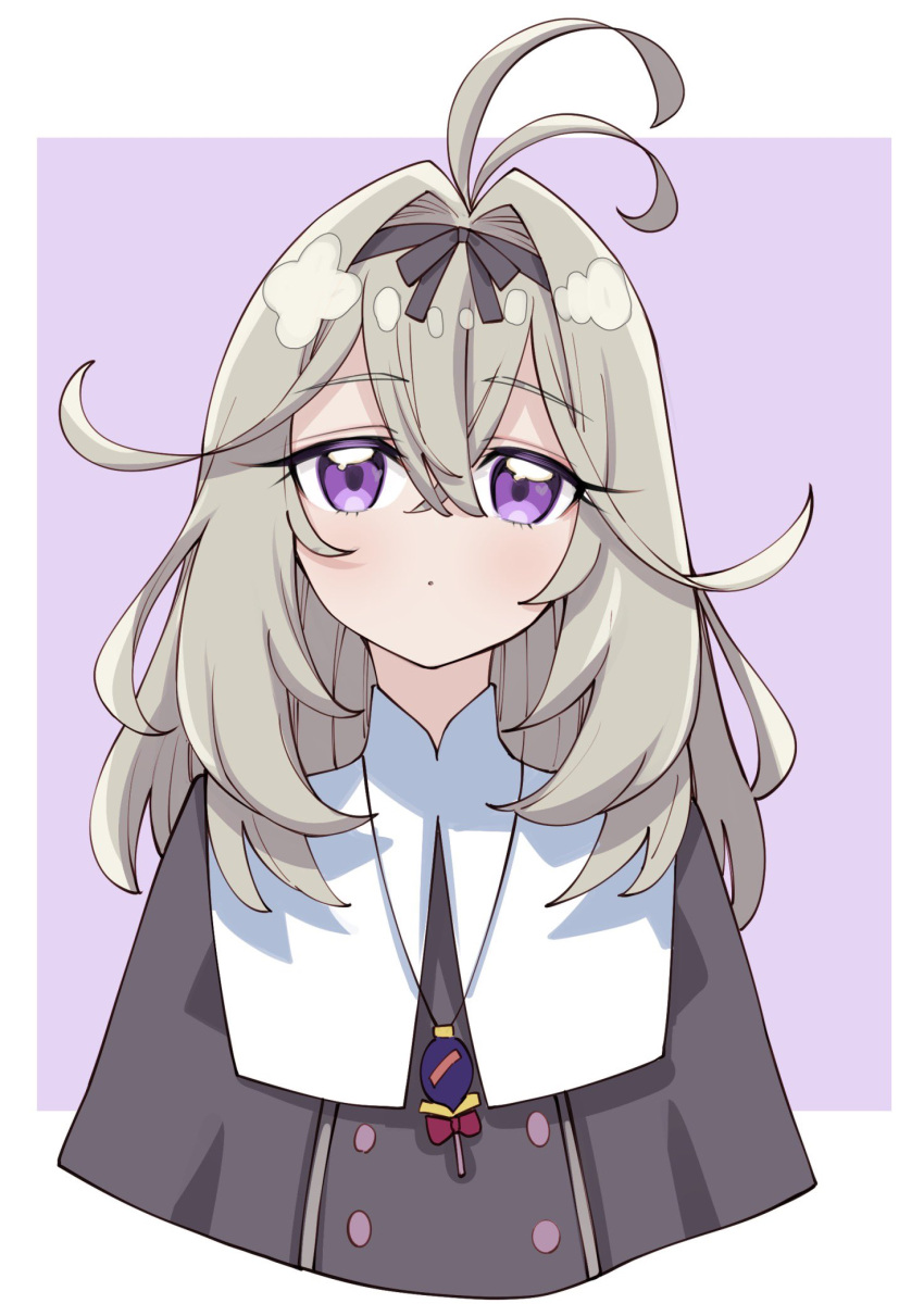 1girl akino_sora antenna_hair black_dress border commentary_request dress eyelashes grey_hair highres medium_hair meitantei_precure! moria_luluka precure purple_background simple_background solo upper_body violet_eyes white_border