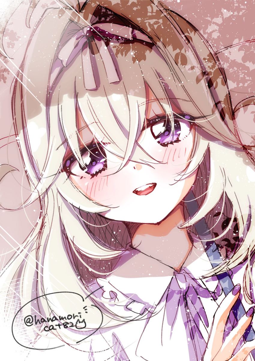 1girl antenna_hair blonde_hair blush commentary_request dress hair_intakes hair_ribbon hanamoricat82 highres holding holding_umbrella long_hair looking_at_viewer meitantei_precure! moria_luluka open_mouth precure purple_nails ribbon smile solo sunlight umbrella violet_eyes white_dress white_ribbon
