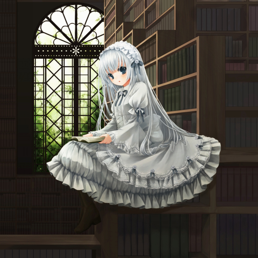 1girl blue_eyes blush book bow coluel dress frilled_dress frills gothic_lolita hair_ornament hairband headband highres holding holding_book lolita_fashion long_hair looking_at_viewer open_book open_mouth original ribbon shoes silver_hair sitting skirt solo too_many_books violet_eyes white_dress