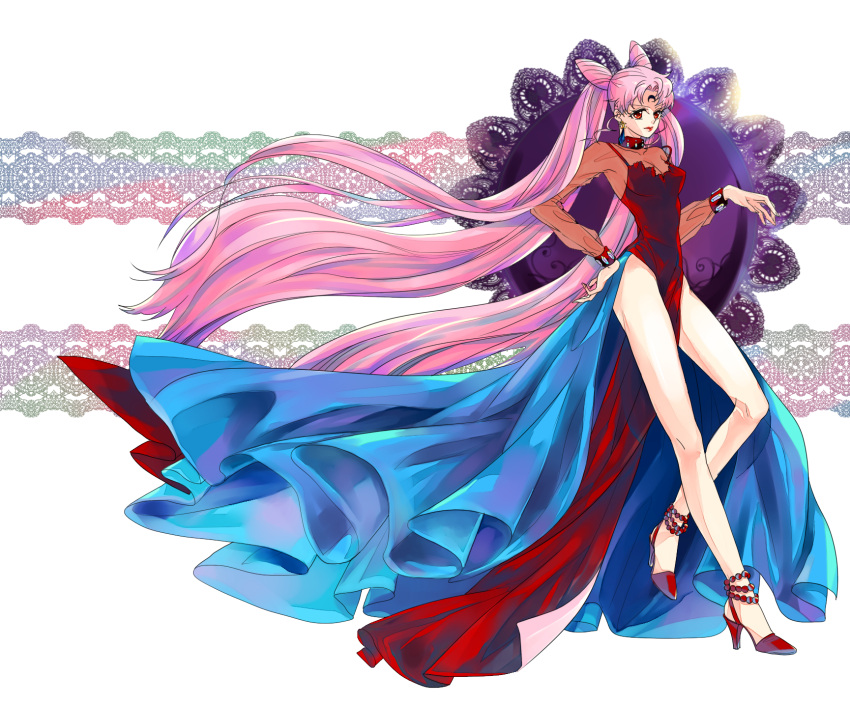 1girl anklet bishoujo_senshi_sailor_moon black_lady chibi_usa crescent double_bun dress earrings facial_mark forehead_mark high_heels highres jewelry long_hair miryusaykaz older pink_hair red_eyes side_slit solo standing twintails