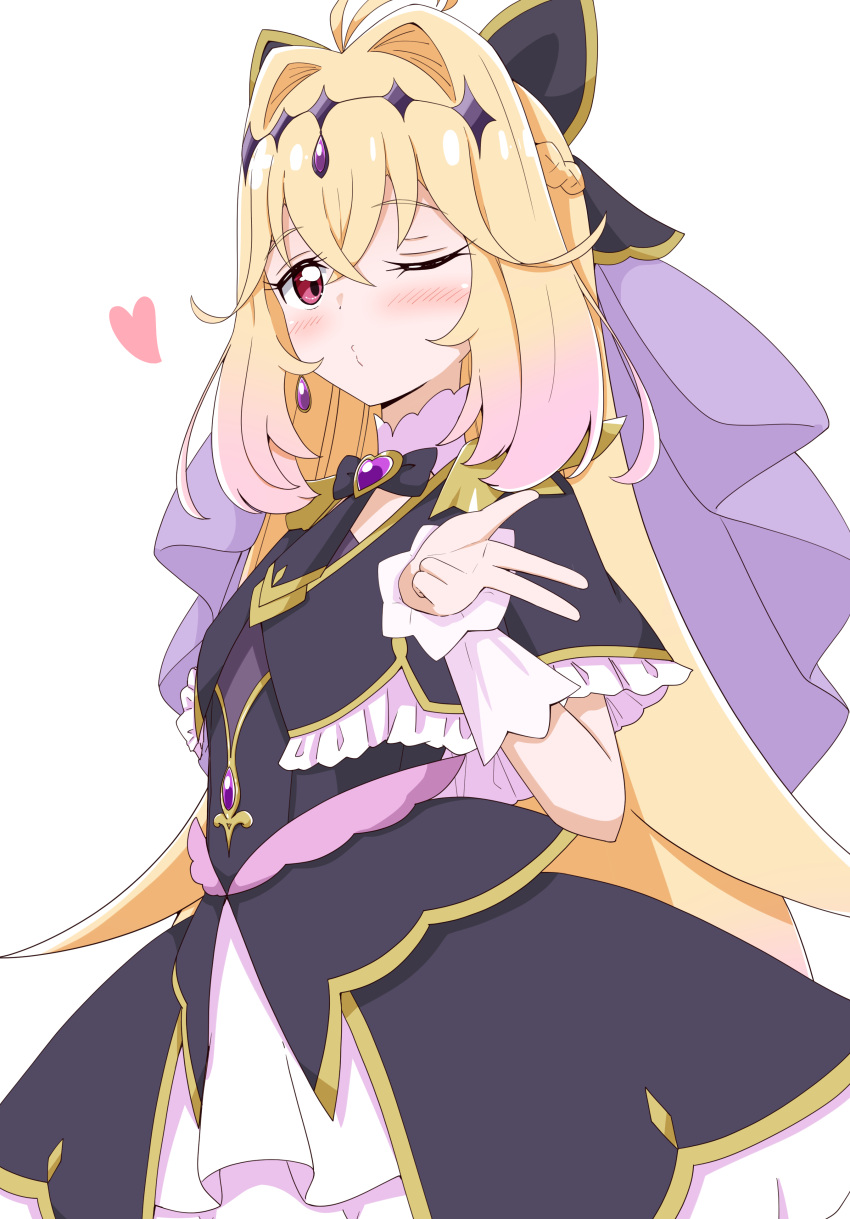 1girl :o ;o absurdres aikawa_ryou antenna_hair black_capelet black_dress blonde_hair blowing_kiss brooch capelet commentary_request cowboy_shot cure_arcana_shadow diamond_hairband dress earrings frilled_capelet frilled_cuffs frills gradient_hair hair_intakes heart heart_brooch highres jewelry long_hair looking_at_viewer magical_girl meitantei_precure! moria_luluka multicolored_hair one_eye_closed pink_eyes pink_hair precure puckered_lips purple_veil purple_wrist_cuffs solo veil very_long_hair wrist_cuffs