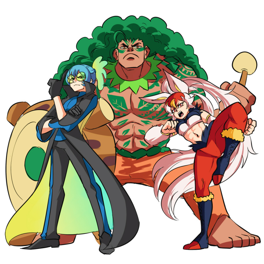 1boy 1girl 1other abs absurdly_long_hair ahoge androgynous barefoot big_hair blonde_hair blue_hair bodypaint breasts cinderace closed_mouth coat commentary dark_skin dark_skinned_male detached_collar detached_sleeves english_commentary facial_mark fighting_stance full_body gen_8_pokemon gloves green_hair hand_up height_difference high_ponytail highres index_finger_raised inteleon knee_up long_coat long_hair looking_at_viewer midriff multicolored_hair muscle open_mouth orange_eyes pants pectorals personification pokemon pokemon_(game) pokemon_swsh redhead rillaboom shield shirtless shoes simple_background standing standing_on_one_leg stomach strapless sunglasses tina_fate toes toned tubetop two-tone_hair very_long_hair white_background white_hair