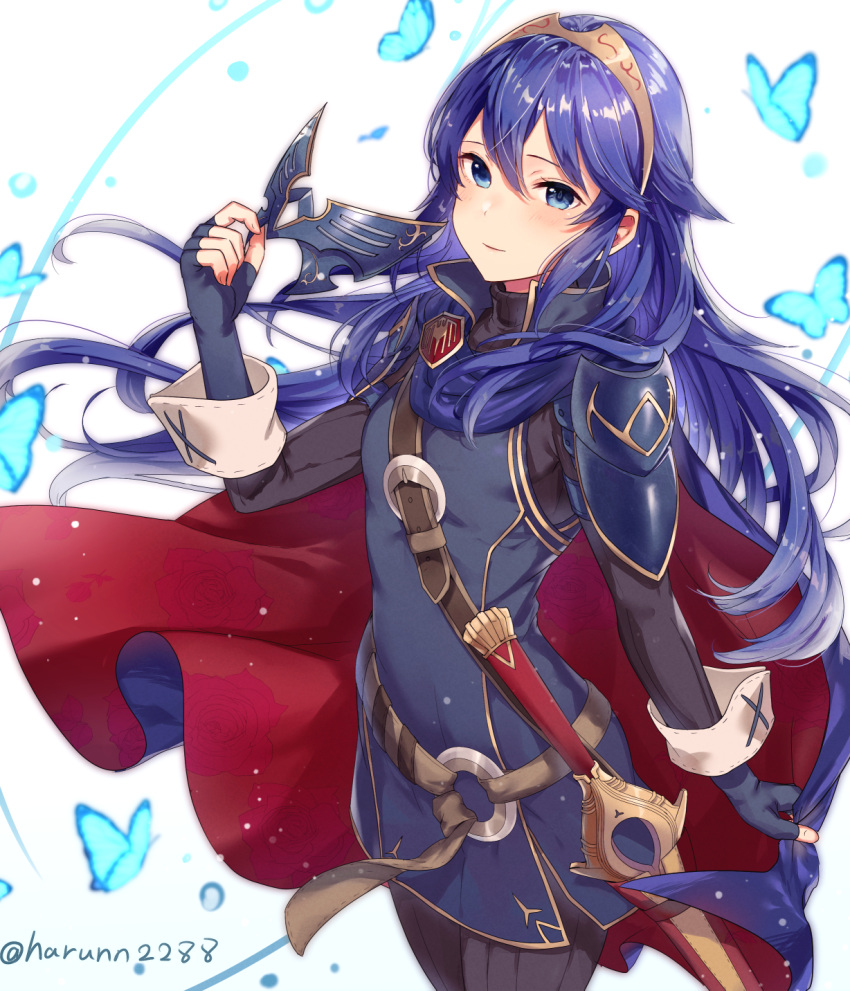 1girl belt blue_eyes blue_hair blue_shirt bug butterfly cape crown cute falchion_(fire_emblem) fingerless_gloves fire_emblem fire_emblem:_kakusei fire_emblem_13 fire_emblem_awakening gloves haru_(nakajou-28) highres insect intelligent_systems long_hair looking_at_viewer lucina_(fire_emblem) mask moe nintendo red_cape sheath shirt solo sword weapon