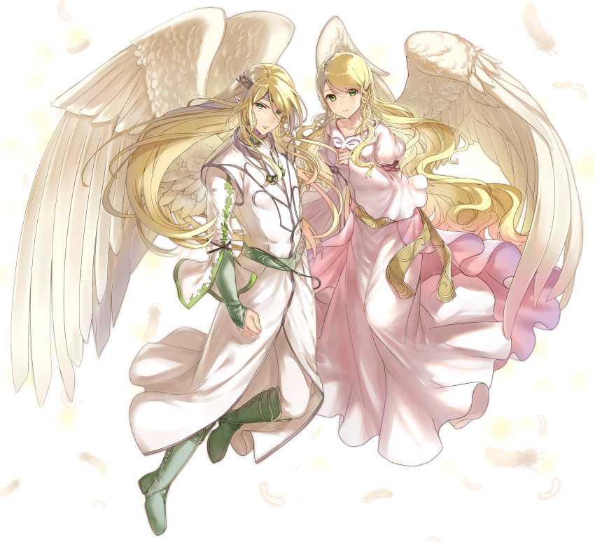 1boy 1girl bird_wings blonde_hair brother_and_sister circlet dress feathers fire_emblem fire_emblem:_path_of_radiance green_eyes green_footwear haru_(nakajou-28) highres leanne_(fire_emblem) long_hair looking_at_viewer pointy_ears reyson_(fire_emblem) siblings white_background white_dress white_robe wings